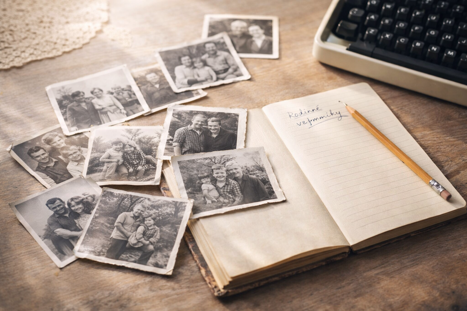 Fotky a zápisník na stole